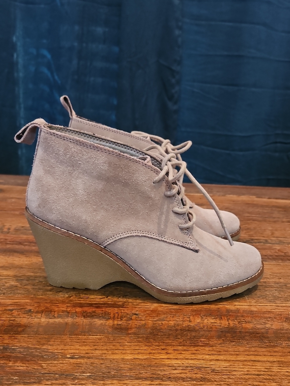 Sonoma Taupe Suede Genuone Leather‎ Lace-Up Wedge Booties